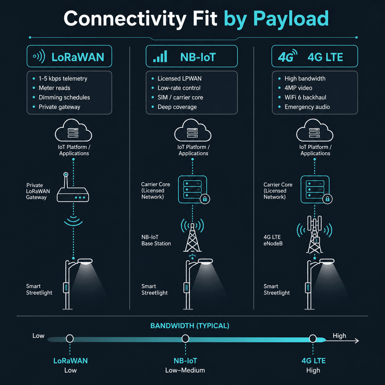 Conectividad de alumbrado público inteligente: LoRaWAN vs NB-IoT vs 4G — infografía 1