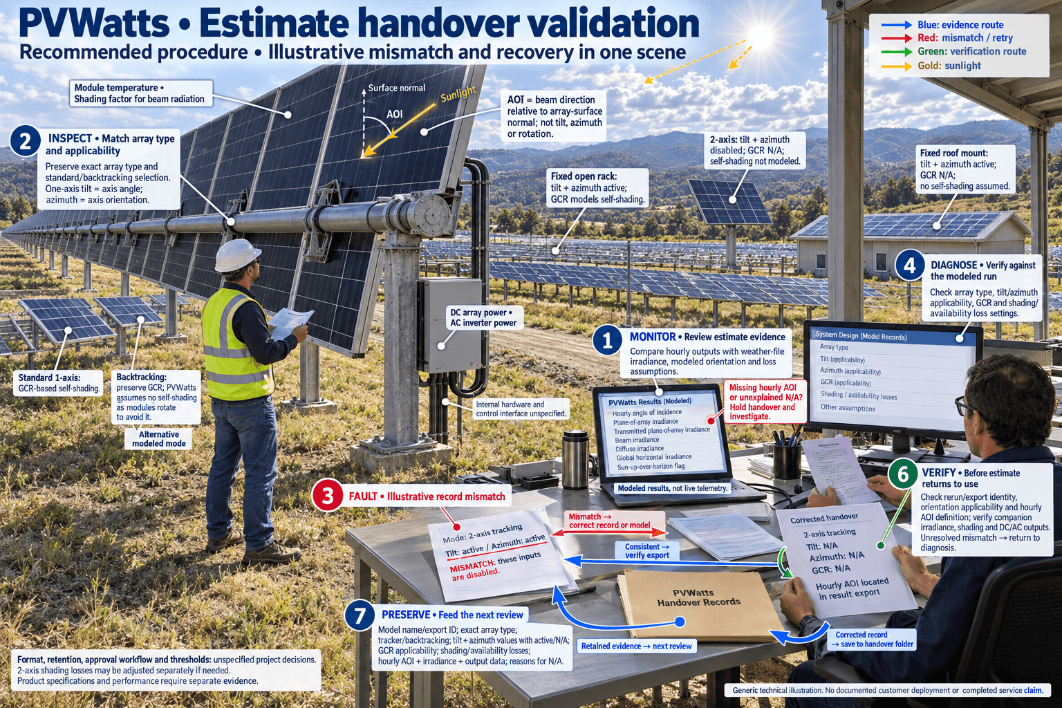 Registres de transfert PVWatts pour le suivi, l’inclinaison, l’azimut et l’AOI — Exploitation et maintenance détaillées du système