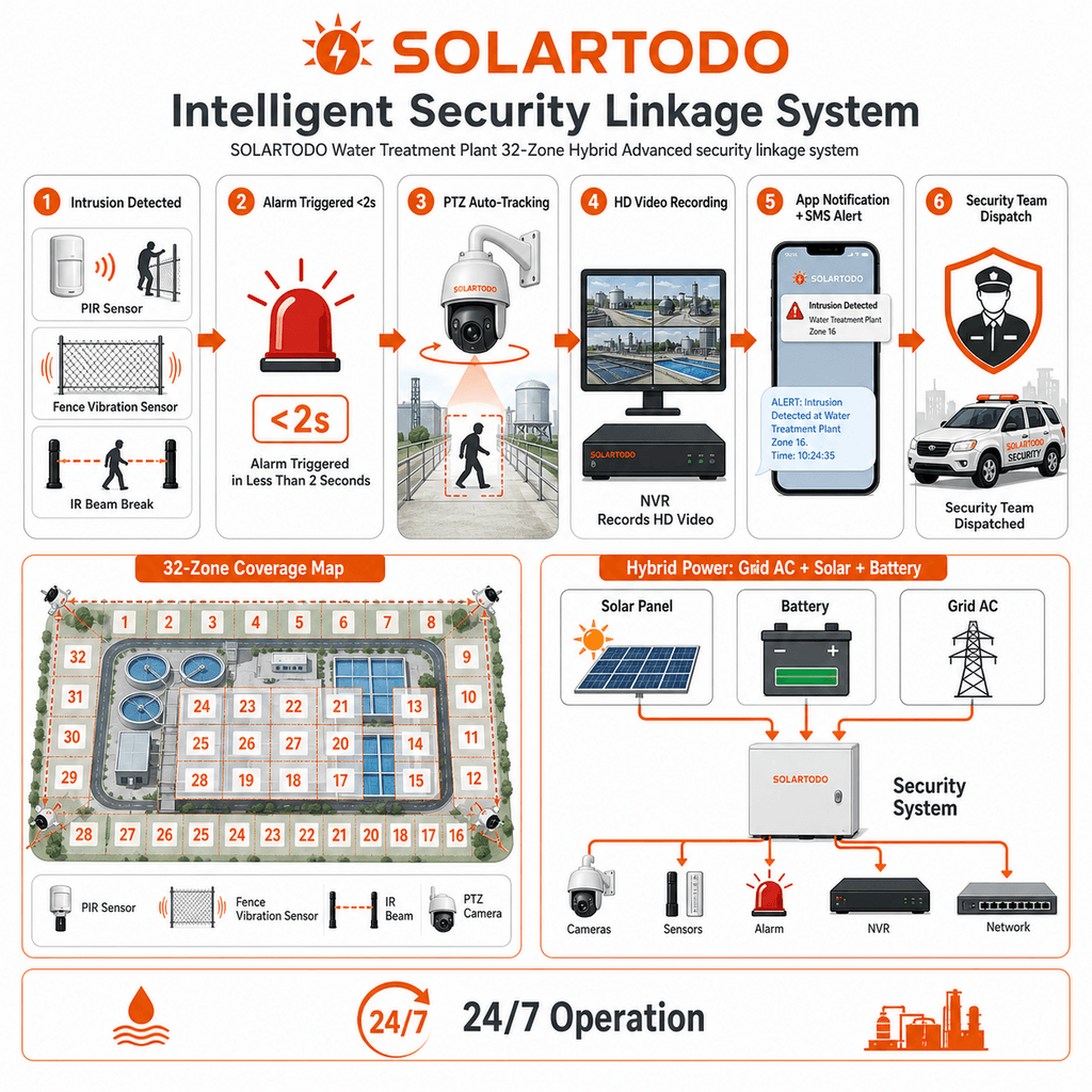 Schéma technique d'un système hybride de sécurité et de surveillance alimenté par solaire pour la surveillance du périmètre d'une installation industrielle