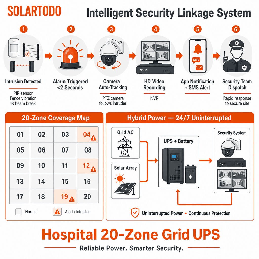 schéma technique du système de sécurité hospitalier 20-zone réseau UPS avec centrale d’alarme, caméras, détecteurs, NVR et flux de télésurveillance