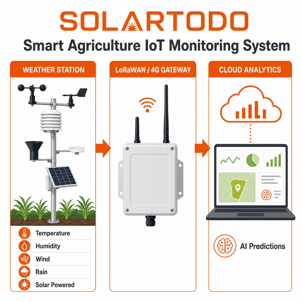 Diagrama técnico dos sensores da estação meteorológica de agricultura inteligente SOLARTODO, gateway LoRaWAN, energia solar e arquitetura em nuvem