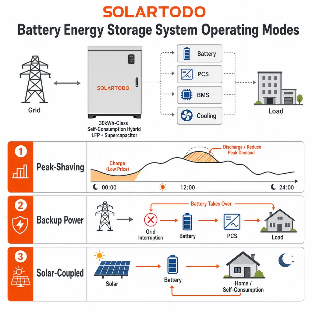 30kWh hybrid LFP supercapacitor BESS technical workshop diagram with cabinet modules and inverter integration