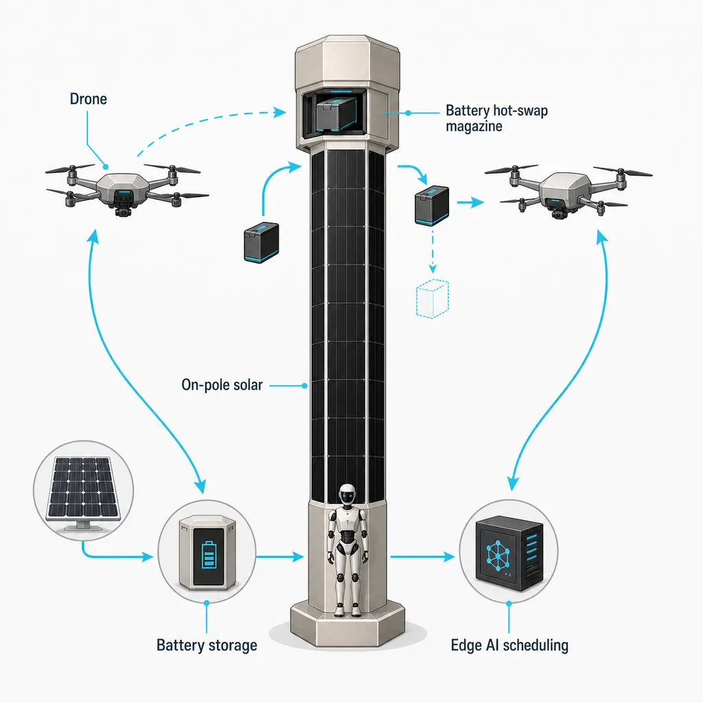 technical diagram of SOLARTODO Sky Hub smart pole drone dock edge node for industrial port inspection