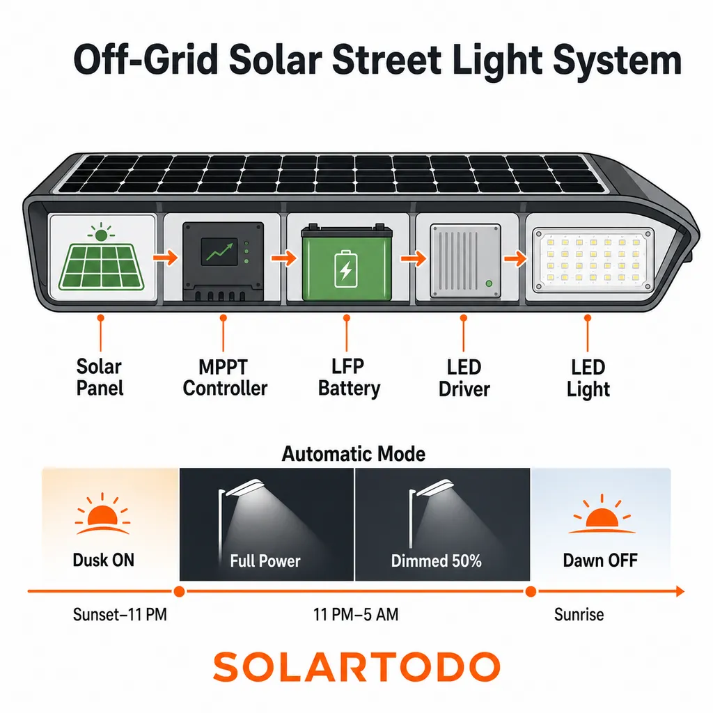 Technical diagram of an all-in-one solar streetlight showing integrated solar panel, LED module, battery, controller, and pole-top installation