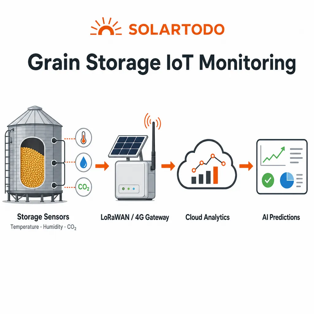 Diagrama técnico del cableado de sensores IoT de agricultura inteligente de SOLARTODO, unidad de energía solar y hardware de monitoreo de almacenamiento para aplicaciones de silo de grano