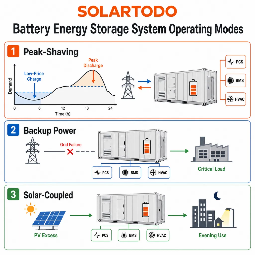 SOLARTODOの複数コンテナ型LFP蓄電池エネルギー貯蔵システム作業場の技術図、電力変換と盤統合を含む