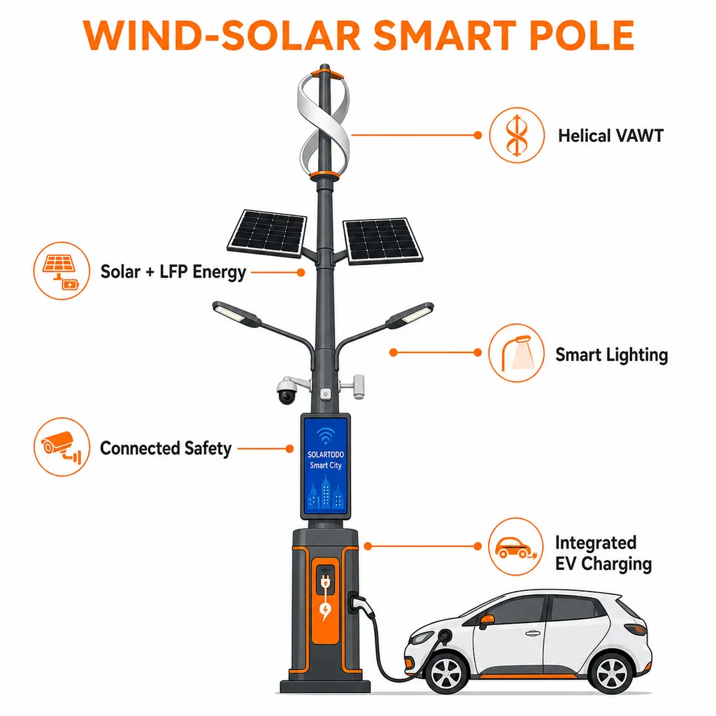 Diagrama técnico de un poste inteligente híbrido eólico-solar de 13m con armario integrado de carga de VE, turbina, paneles solares, iluminación, cámara, sensores y pantalla