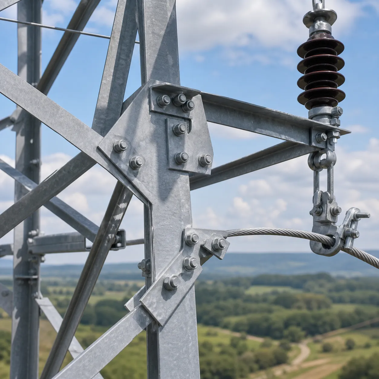 Diagrama técnico de taller de secciones de torre de distribución reticulada de acero galvanizado y ensamble con unión telescópica para construcción de línea aérea de 35 kV