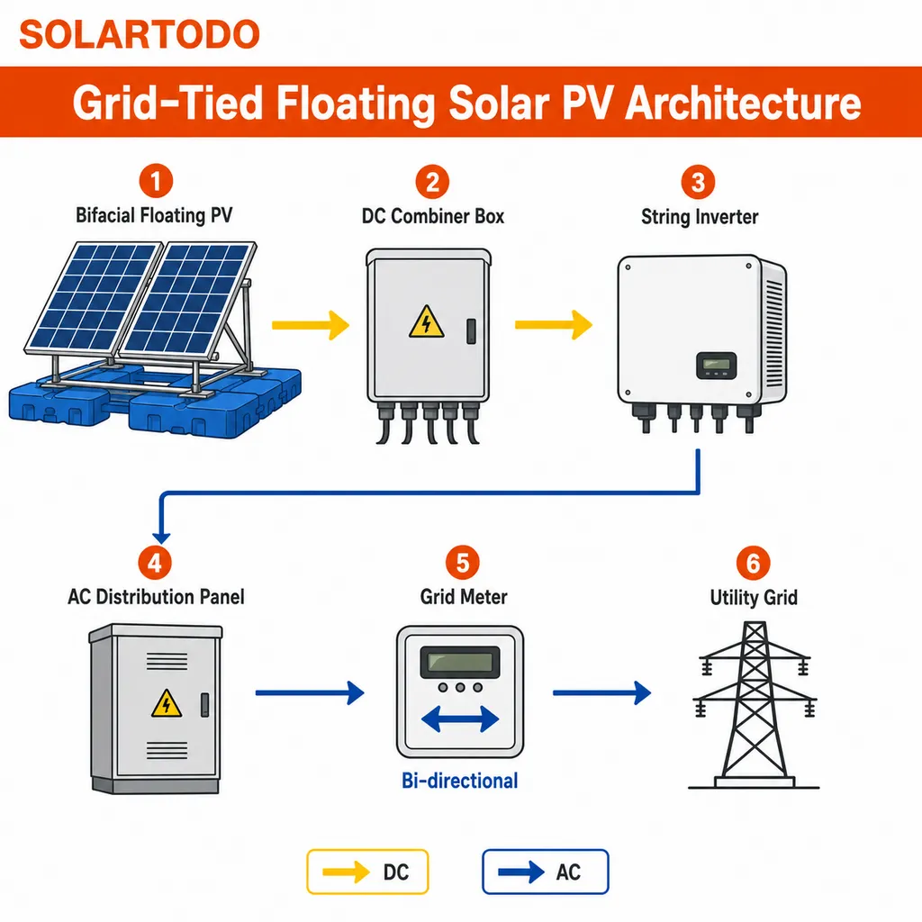 Diagrama técnico de componentes FV solares flotantes con módulos bifaciales, flotadores de HDPE, líneas de amarre, bloques de inversores y detalles de montaje en taller