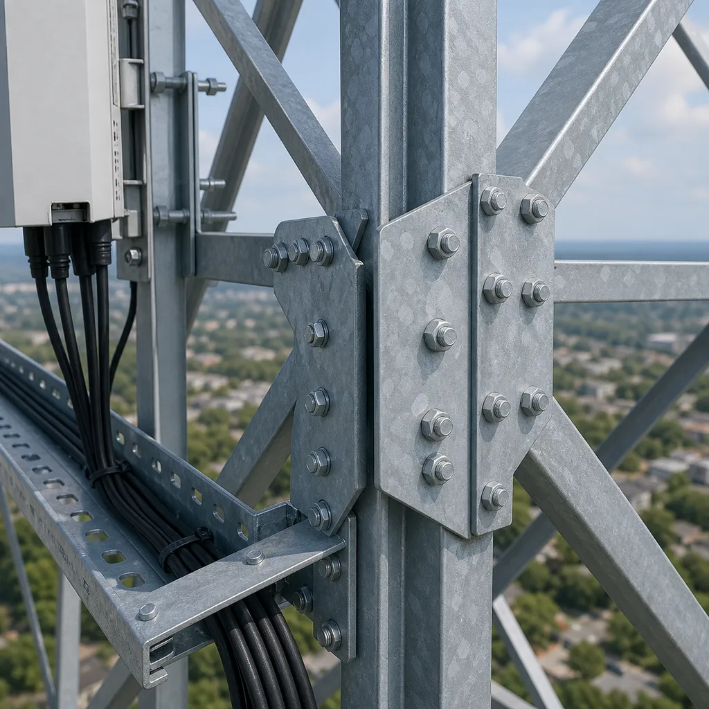 schéma technique de tour télécom en treillis 75m et détails de fabrication acier en atelier