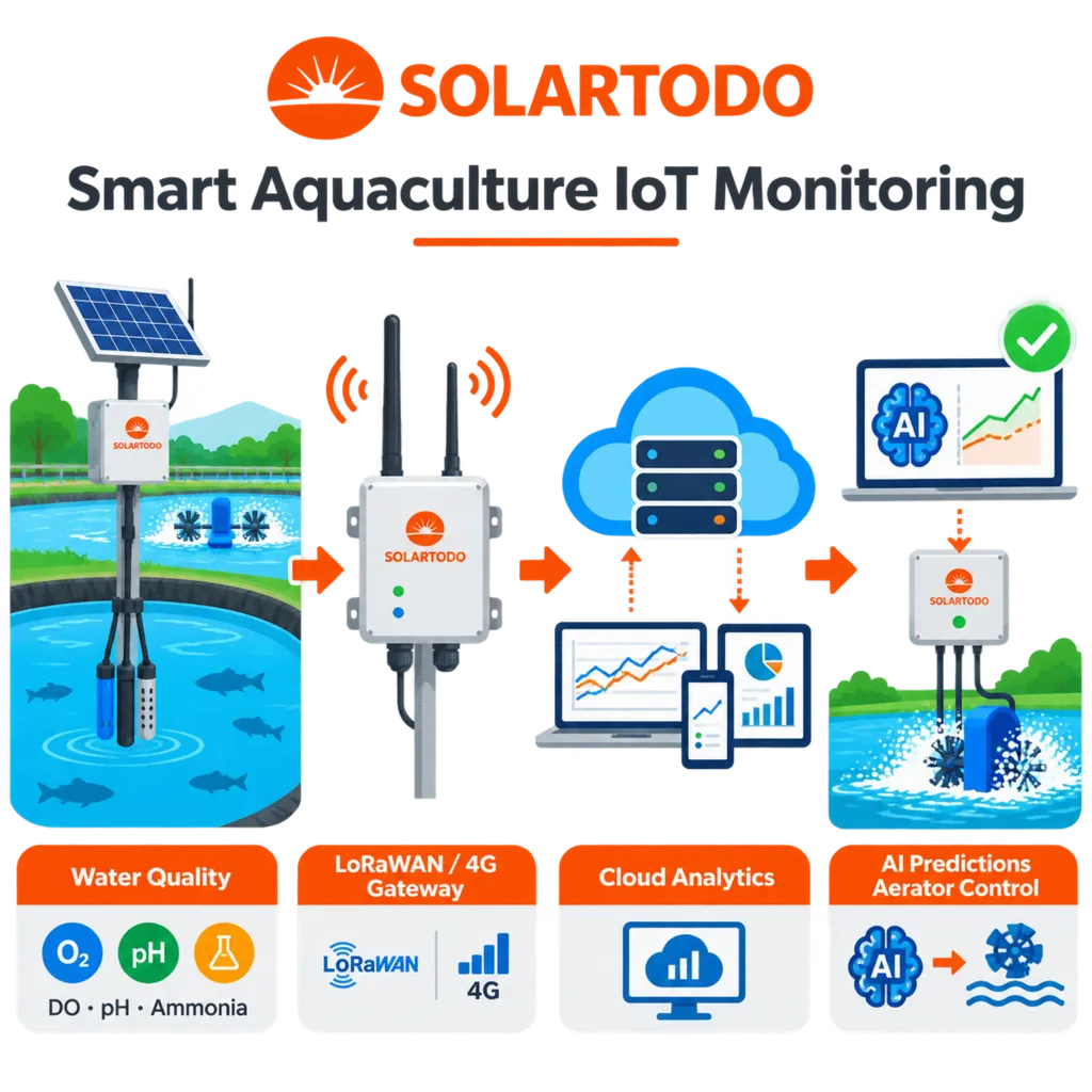 مخطط تقني لحساسات جودة المياه الزراعية الذكية بإنترنت الأشياء من SOLARTODO، وتوصيلات البوابة، والطاقة الشمسية، وبنية التحكم في الاستزراع المائي