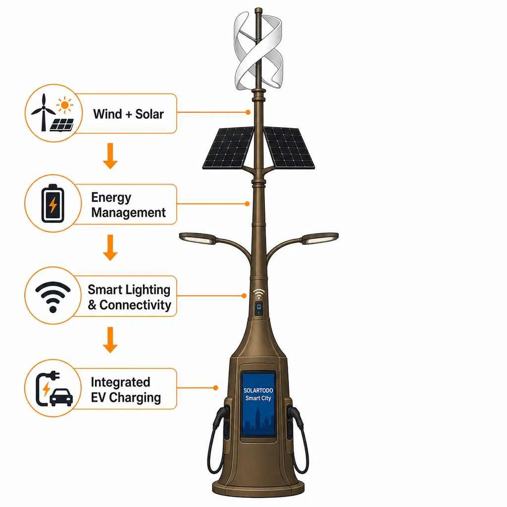 통합 전기차 충전 캐비닛, VAWT, 태양광 패널, 조명 암, 카메라, 센서, WiFi, LED 화면을 갖춘 10m 풍력 태양광 하이브리드 스마트 폴 기술 도면