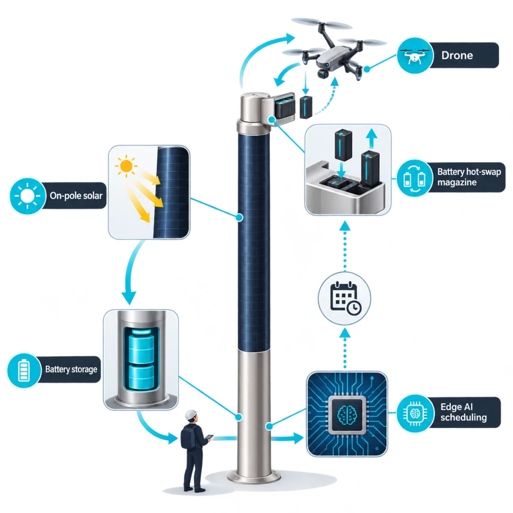 Schema d'architecture technique du poteau intelligent SOLARTODO Sky Hub 12m avec station d'accueil pour drone et sous-systemes IA edge