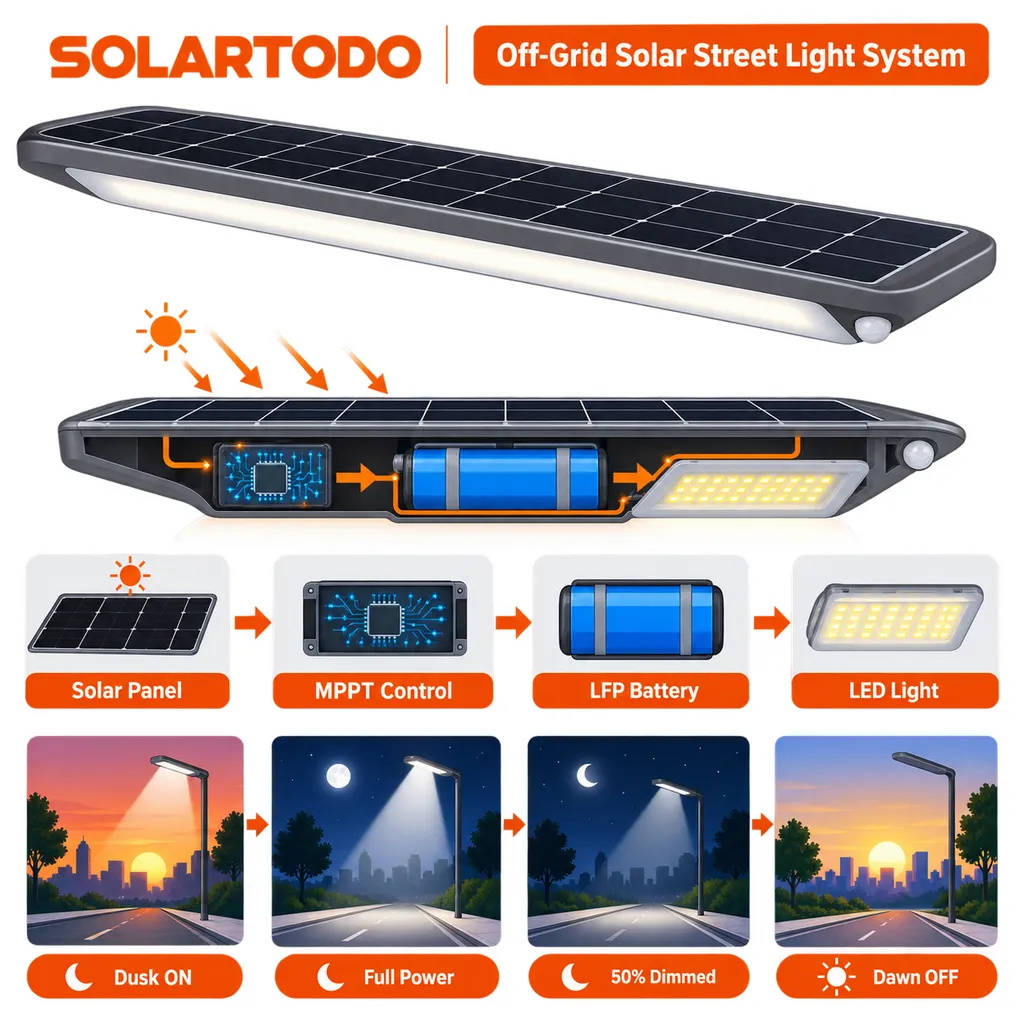 schéma technique du lampadaire solaire de sécurité tout-en-un 7m 47W montrant le panneau PV intégré, la batterie LFP, le contrôleur MPPT, les optiques LED et l’assemblage en atelier de tête de mât