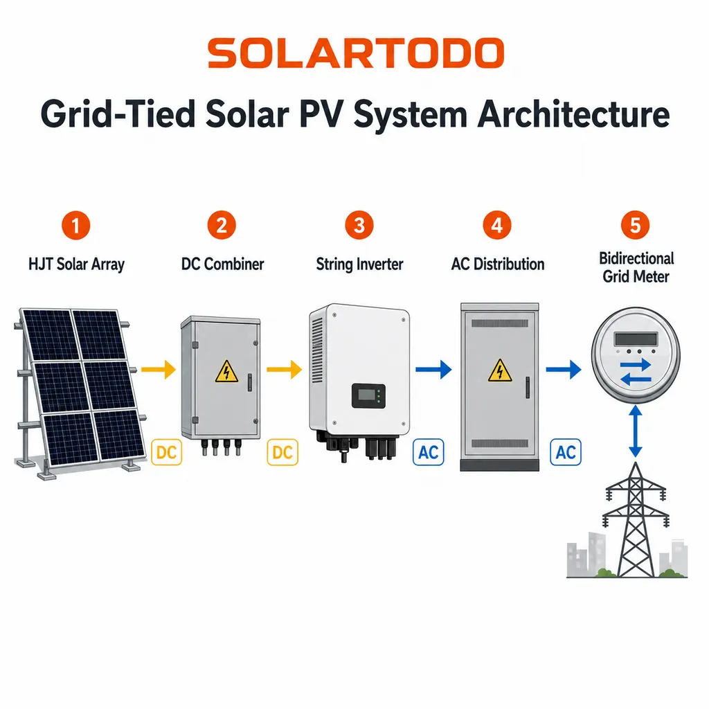 technical diagram of commercial rooftop HJT solar PV system equipment and workshop integration