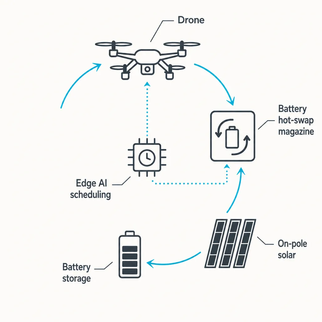 Technical architecture diagram for SOLARTODO Sky Hub smart pole drone dock and edge AI system