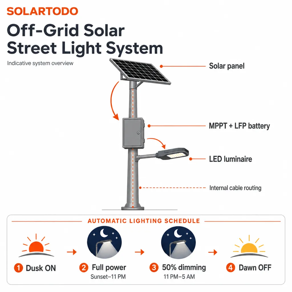 13.1m split solar streetlight technical diagram showing solar panel, LED luminaire, controller, LFP battery, galvanized pole, and workshop assembly details