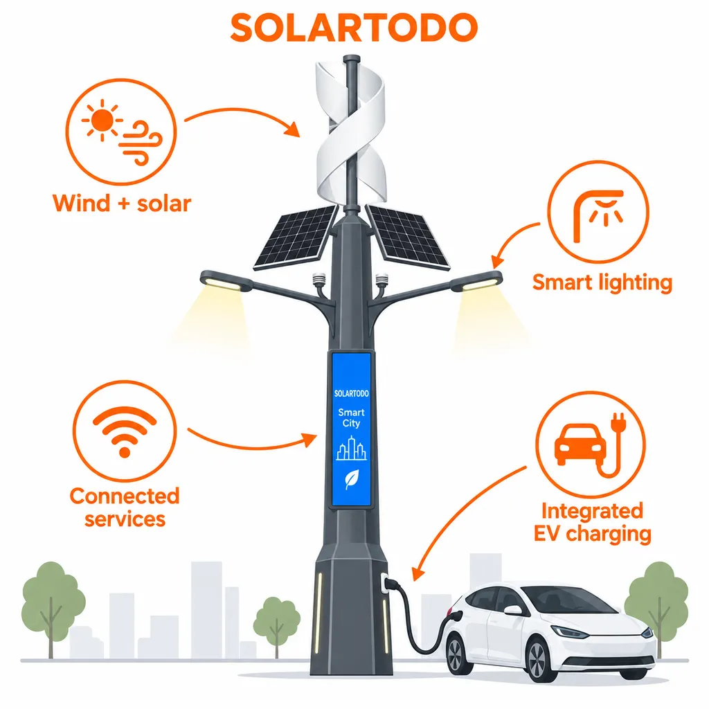 مخطط تقني لعمود SOLARTODO الذكي الهجين بالطاقة الريحية والشمسية 11m مع خزانة شحن مركبات كهربائية مدمجة ووحدات متعددة الوظائف