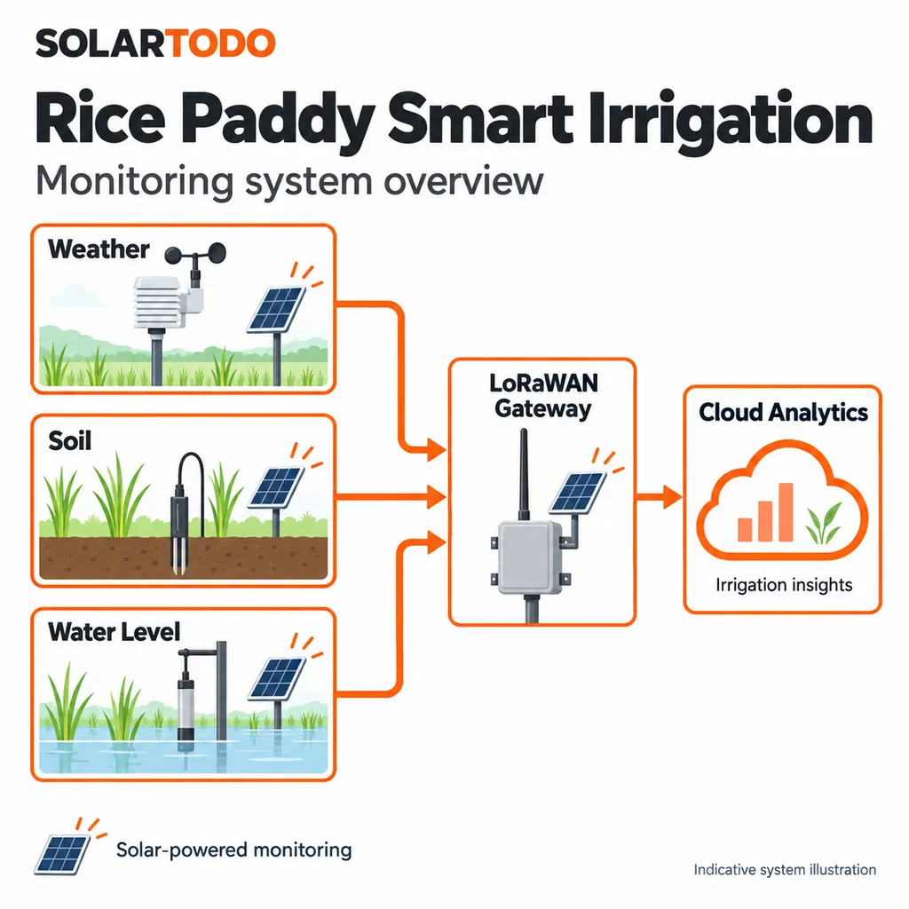 57 ha rice paddy smart irrigation system architecture with LoRaWAN sensors, solar power, and field monitoring equipment
