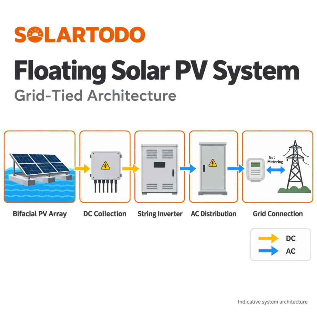 technical diagram of a bifacial floating solar farm electrical architecture with PV modules, inverters, combiner boxes, and monitoring workflow