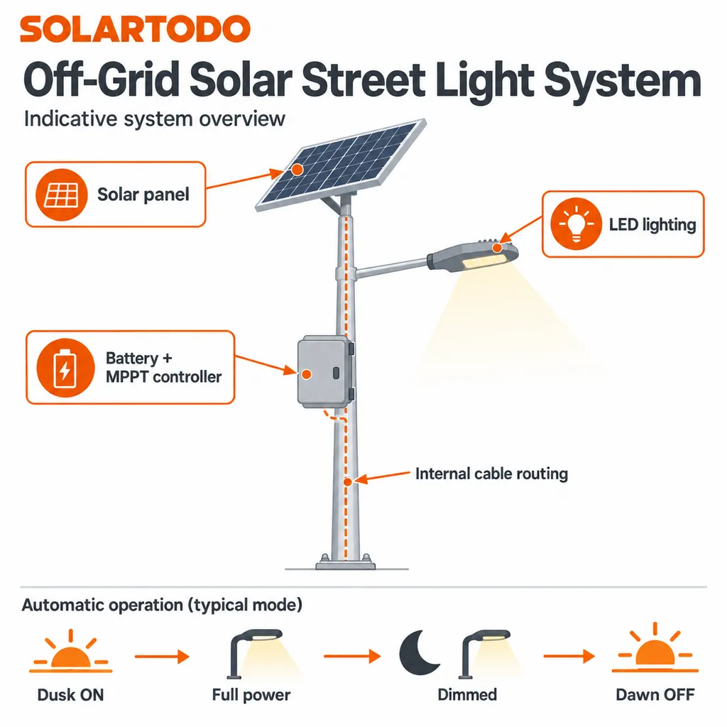 Technical diagram and workshop view of split solar streetlight components with panel, controller, battery, luminaire, and pole assembly