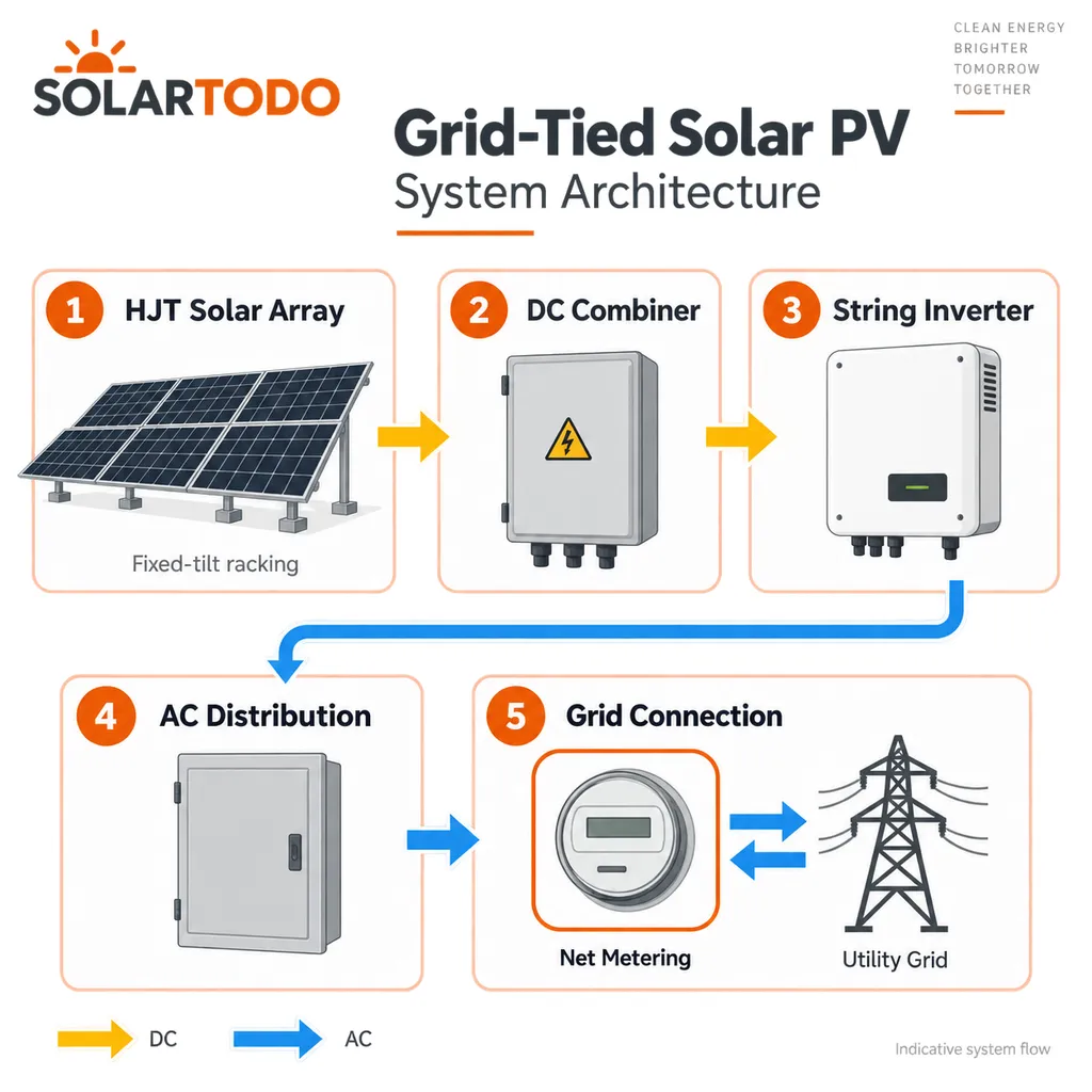 technical diagram of solar PV system components and rooftop workshop assembly