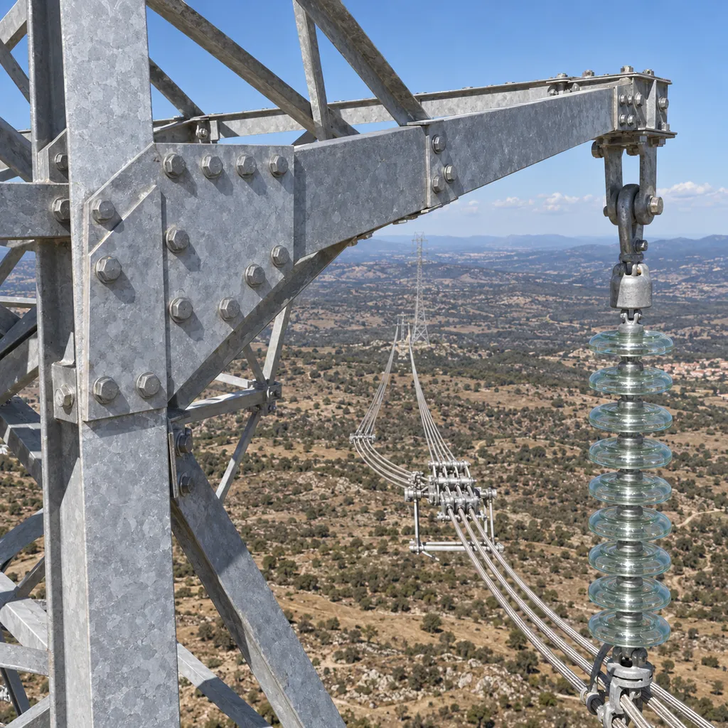 technical workshop diagram of a galvanized steel lattice transmission tower assembly with crossarm details for UHV overhead line engineering
