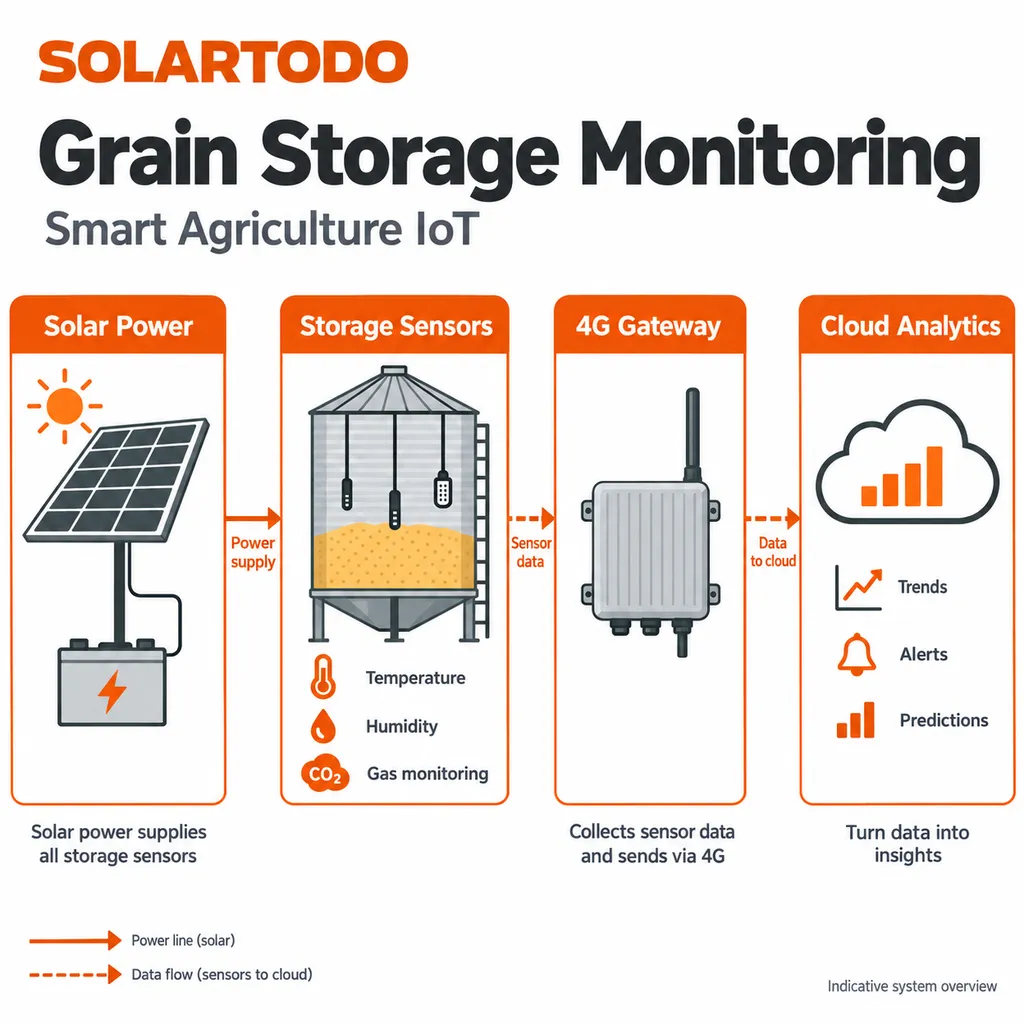 Technical diagram of SOLARTODO grain storage IoT monitoring hardware with sensor wiring, solar power, and gateway components