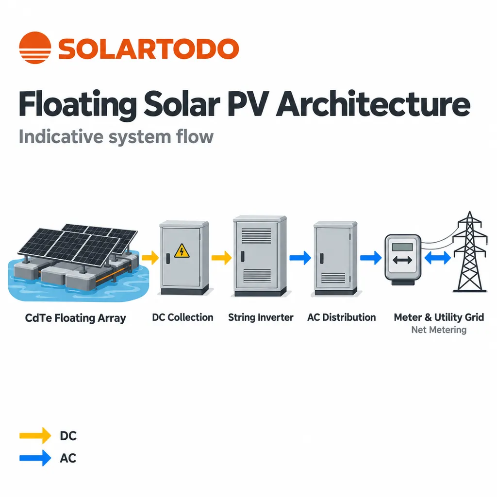 technical diagram of floating CdTe solar PV system equipment workshop with module, inverter, and electrical integration details