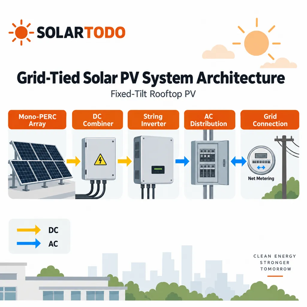 Technical diagram of rooftop solar PV system components and electrical workshop layout