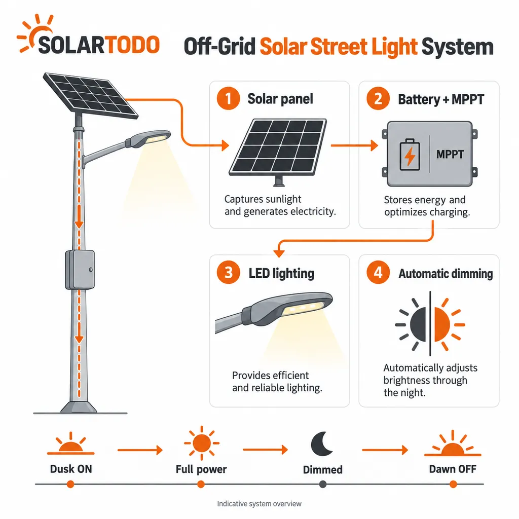 13.3m split solar streetlight technical diagram with separate TOPCon panel, LED luminaire, battery box, MPPT controller, and aluminum alloy pole