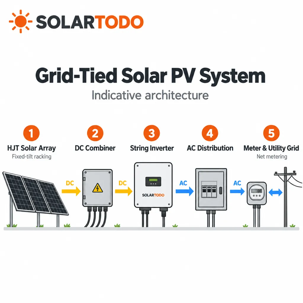 320kW ヘテロ接合固定架台式地上設置型太陽光発電システムの技術構成図と作業場のイメージ