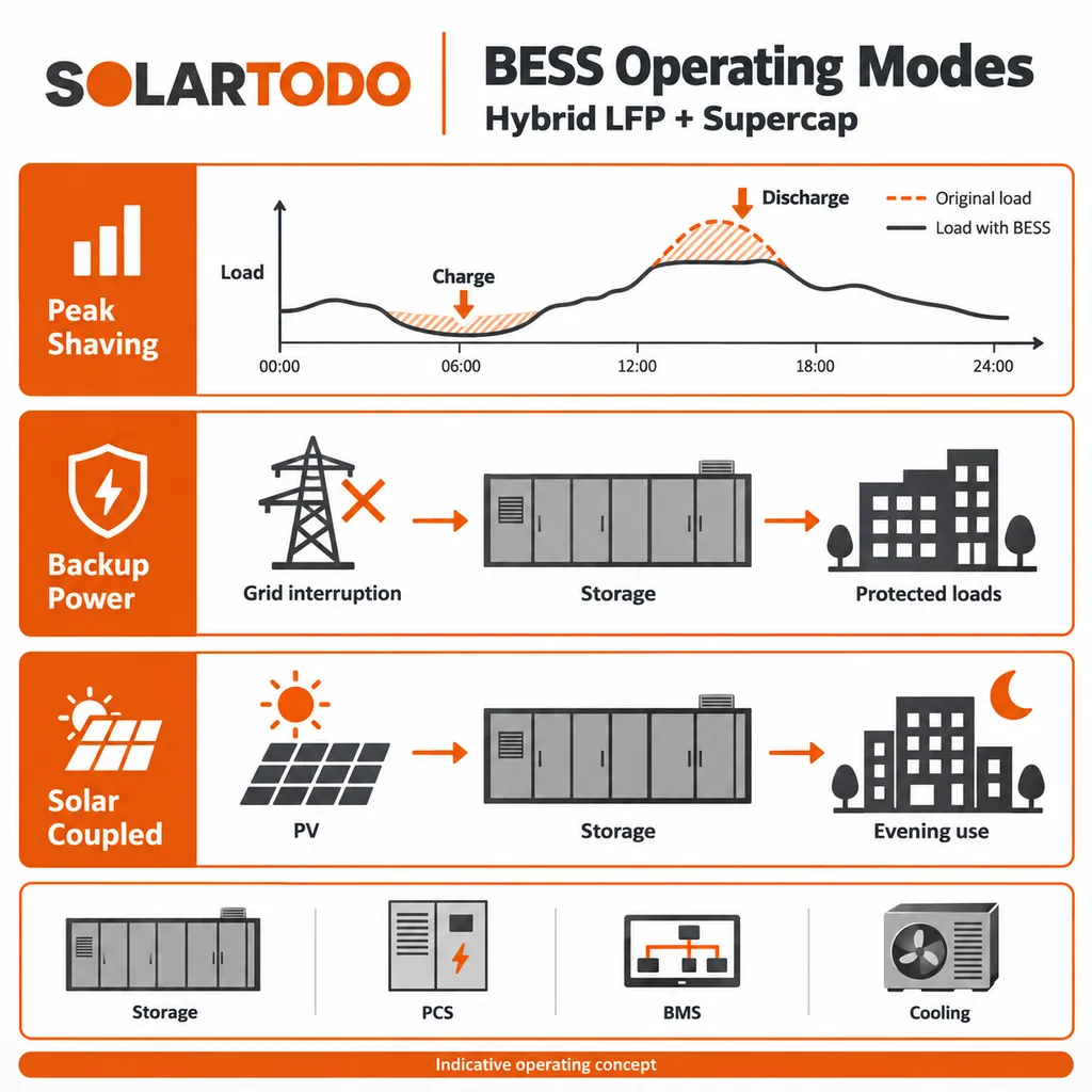 Diagrama técnico ou ilustração de oficina fornecidos para o sistema híbrido de armazenamento de energia de 3MWh com baterias LFP e supercapacitores