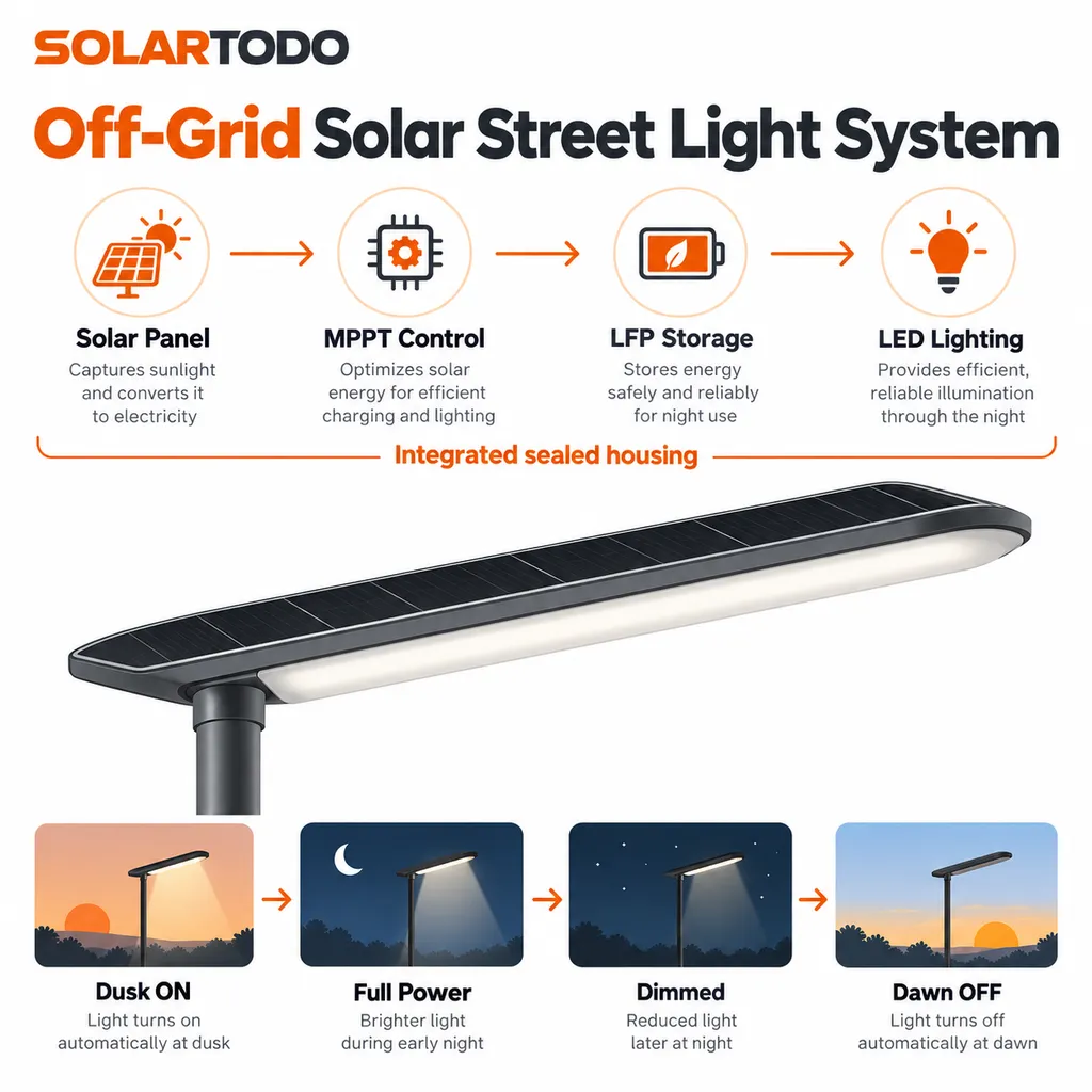 Solar streetlight technical diagram and workshop assembly details for the integrated lighting system