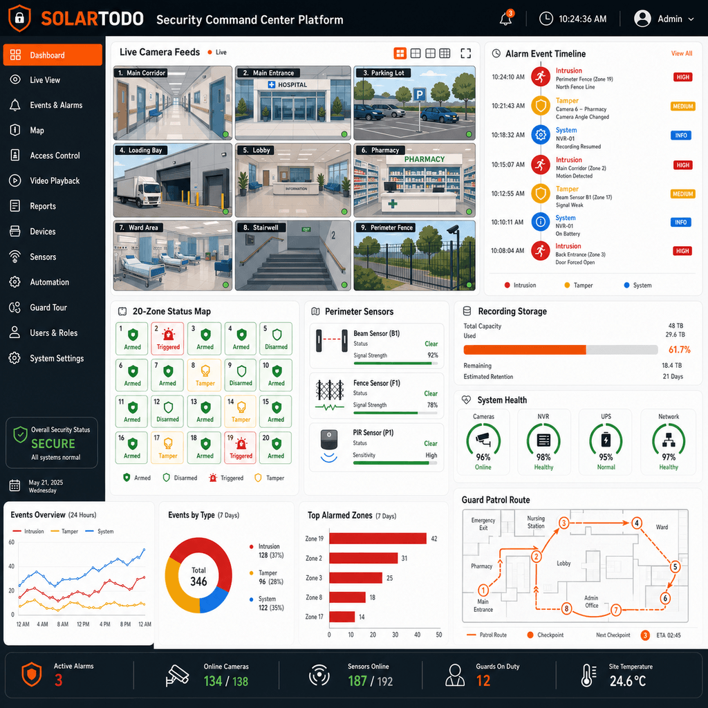 plateforme cloud de télésurveillance de sécurité hospitalière 20-zone montrant caméras, alarmes, réponse mobile et flux de service d’installation