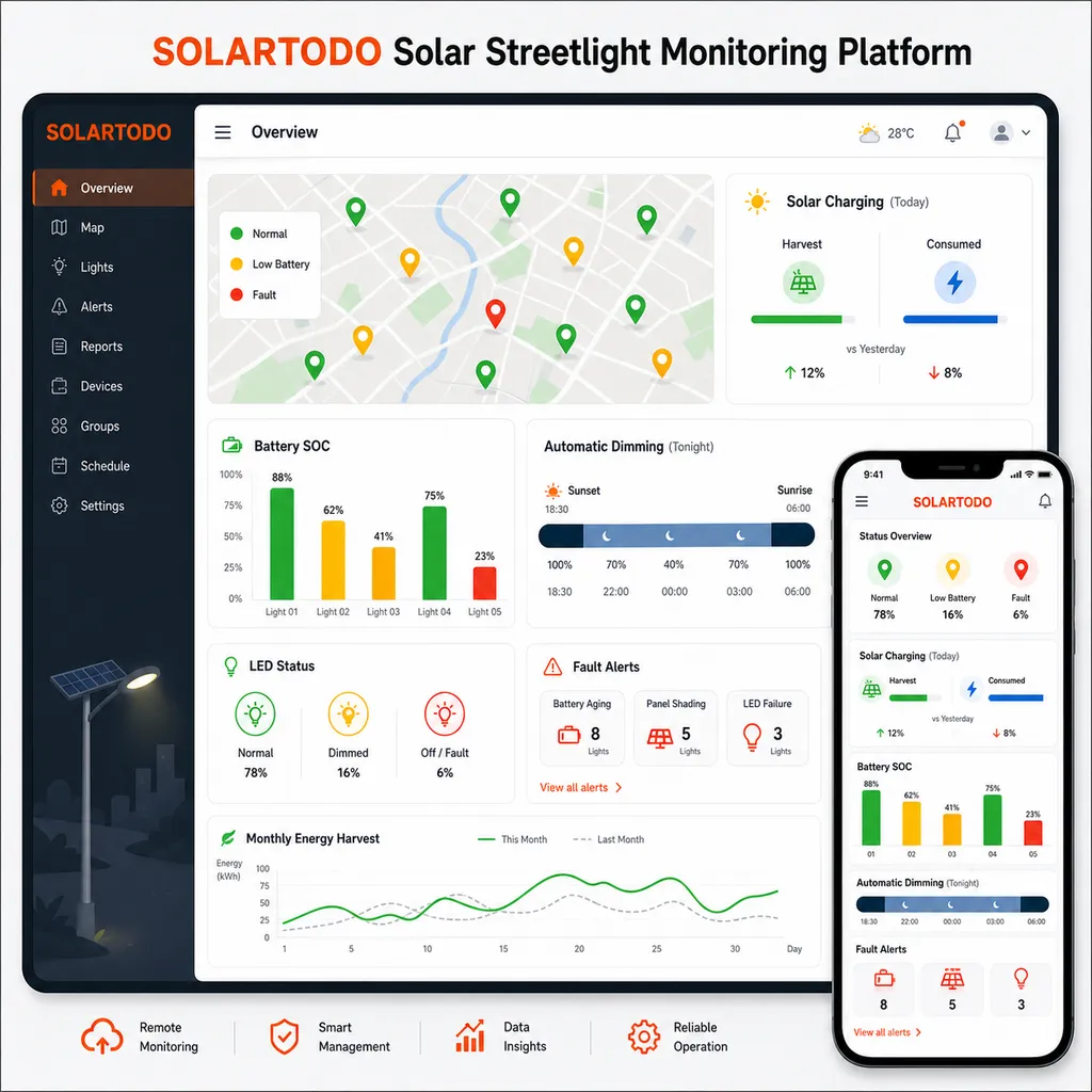 Cloud platform and field installation view for solar streetlight monitoring, commissioning, and remote maintenance
