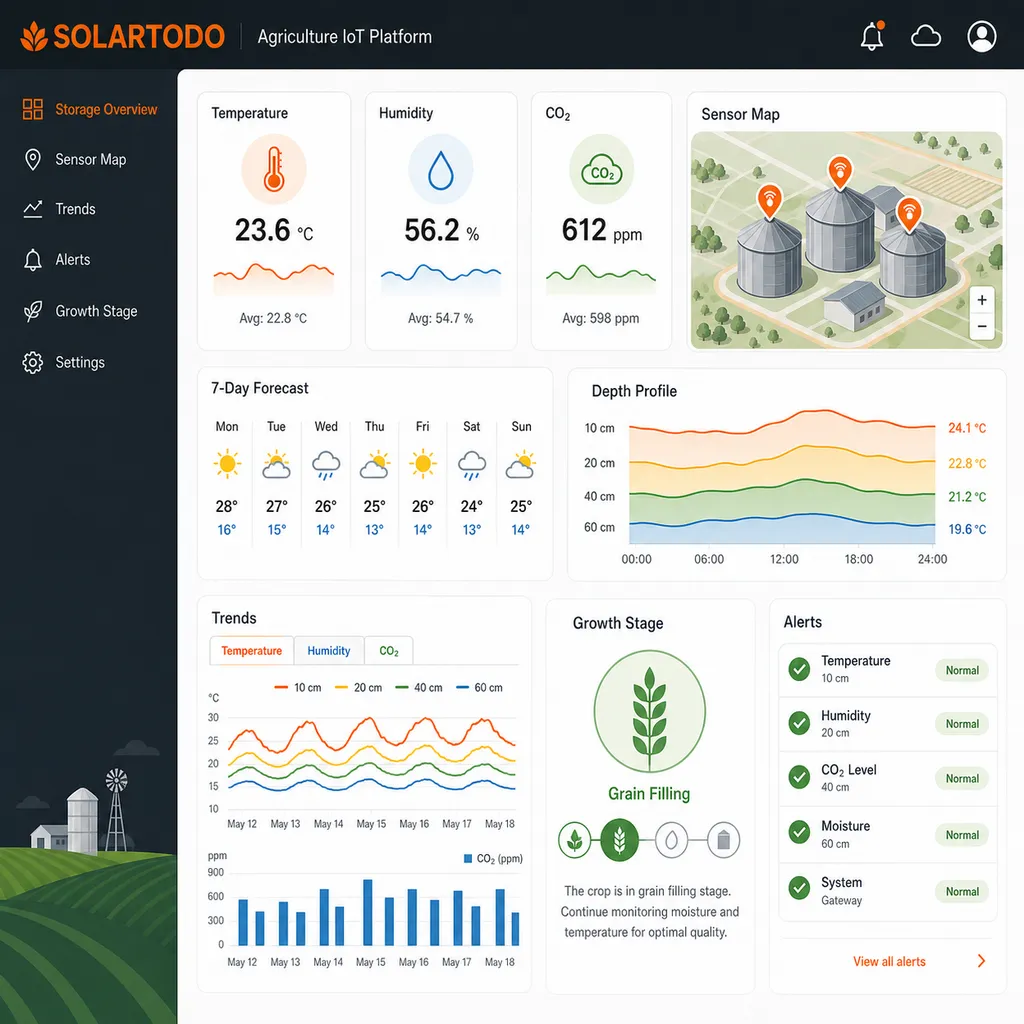 Panel de plataforma en la nube y vista de instalación para el sistema de monitoreo de almacenamiento de agricultura inteligente de SOLARTODO con datos de sensores NB-IoT