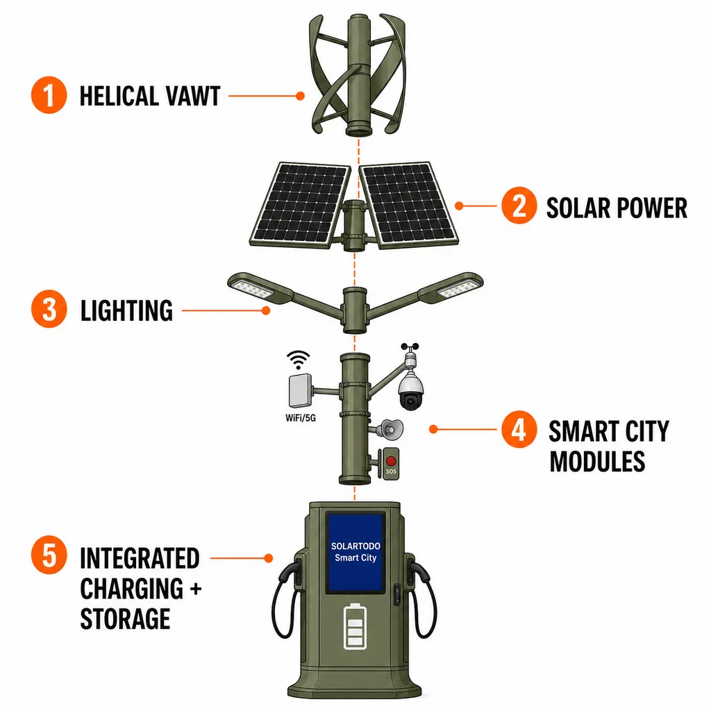 街路灯、EV充電、カメラ、センサー運用向けSOLARTODOスマートポールのクラウド監視および設置インターフェース
