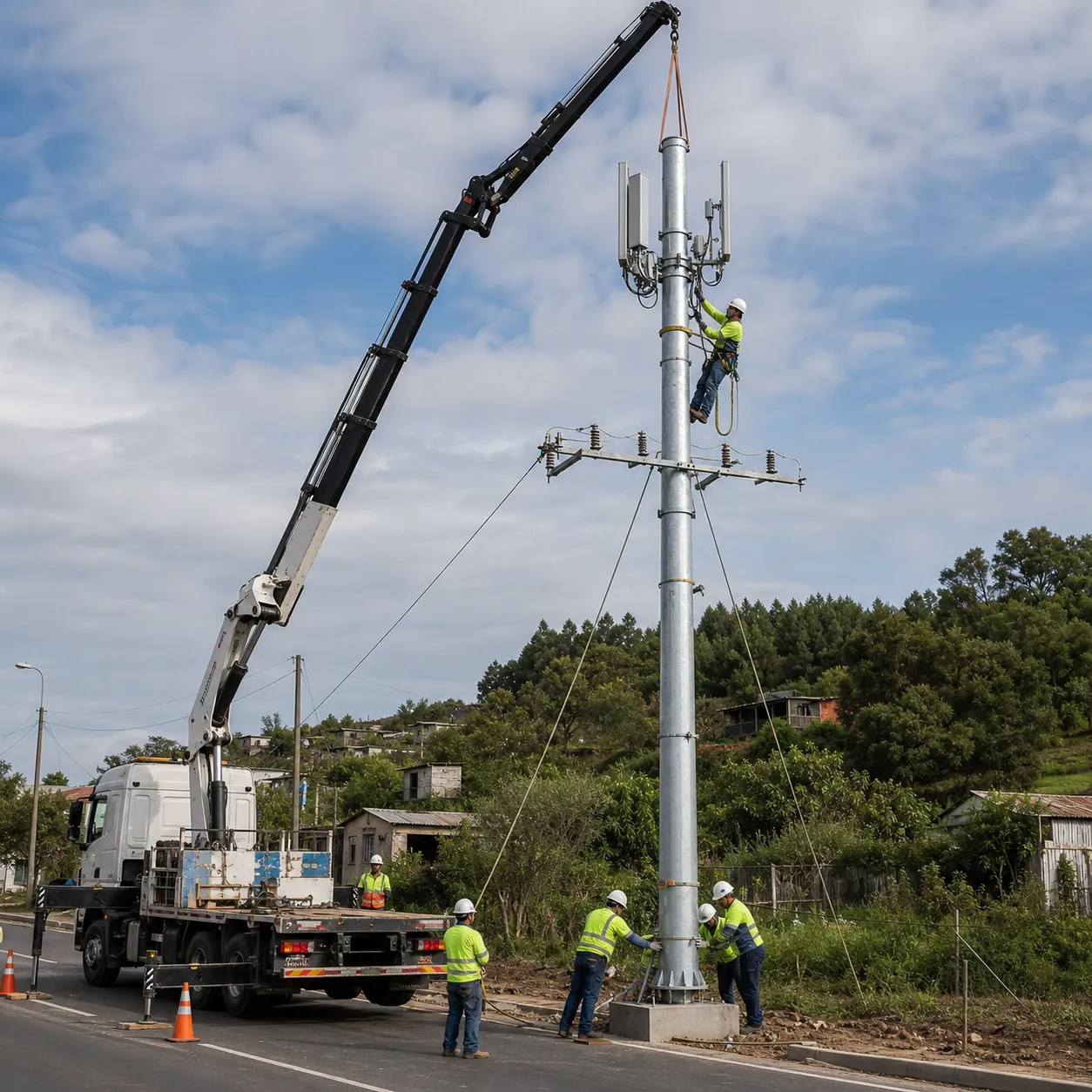 Cloud-connected telecom pole installation with monitoring platform for shared distribution-area communications