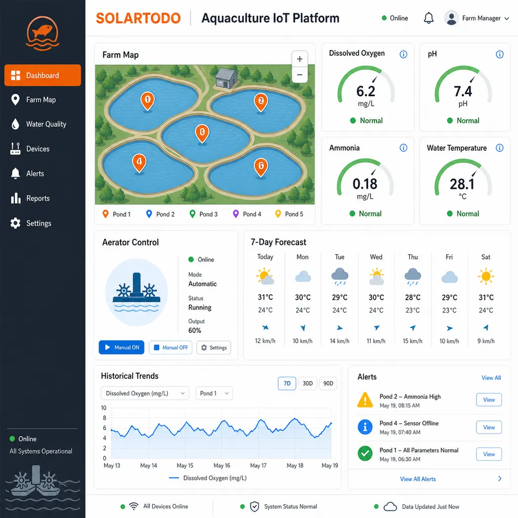 Panel en la nube y flujo de instalación para monitoreo inteligente de calidad del agua en acuicultura