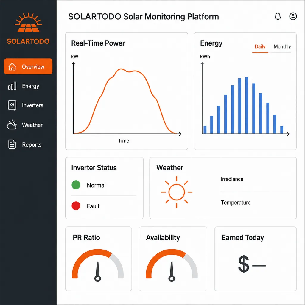 Plataforma de monitoreo en la nube para instalación FV solar flotante que muestra panel de energía, estado de inversores y analítica de rendimiento del proyecto