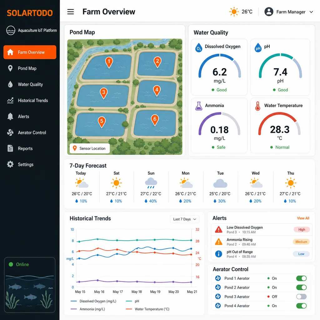 لوحة مراقبة سحابية من SOLARTODO وسير عمل تركيب الاستزراع المائي لحساسات أحواض تعمل بالطاقة الشمسية وبإنترنت الأشياء