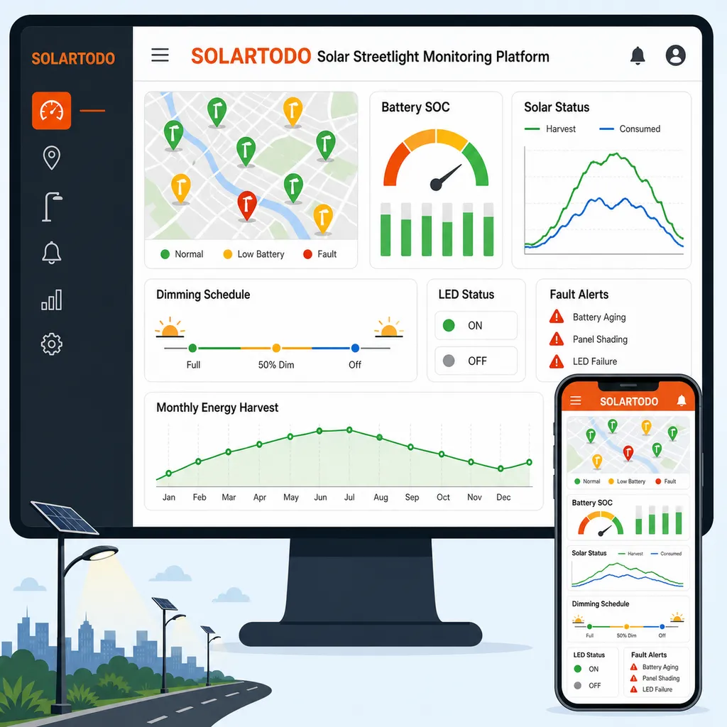 plateforme de surveillance cloud et vue d’installation terrain pour une flotte de lampadaires solaires de sécurité tout-en-un 7m 47W avec diagnostics à distance et commandes d’éclairage intelligent