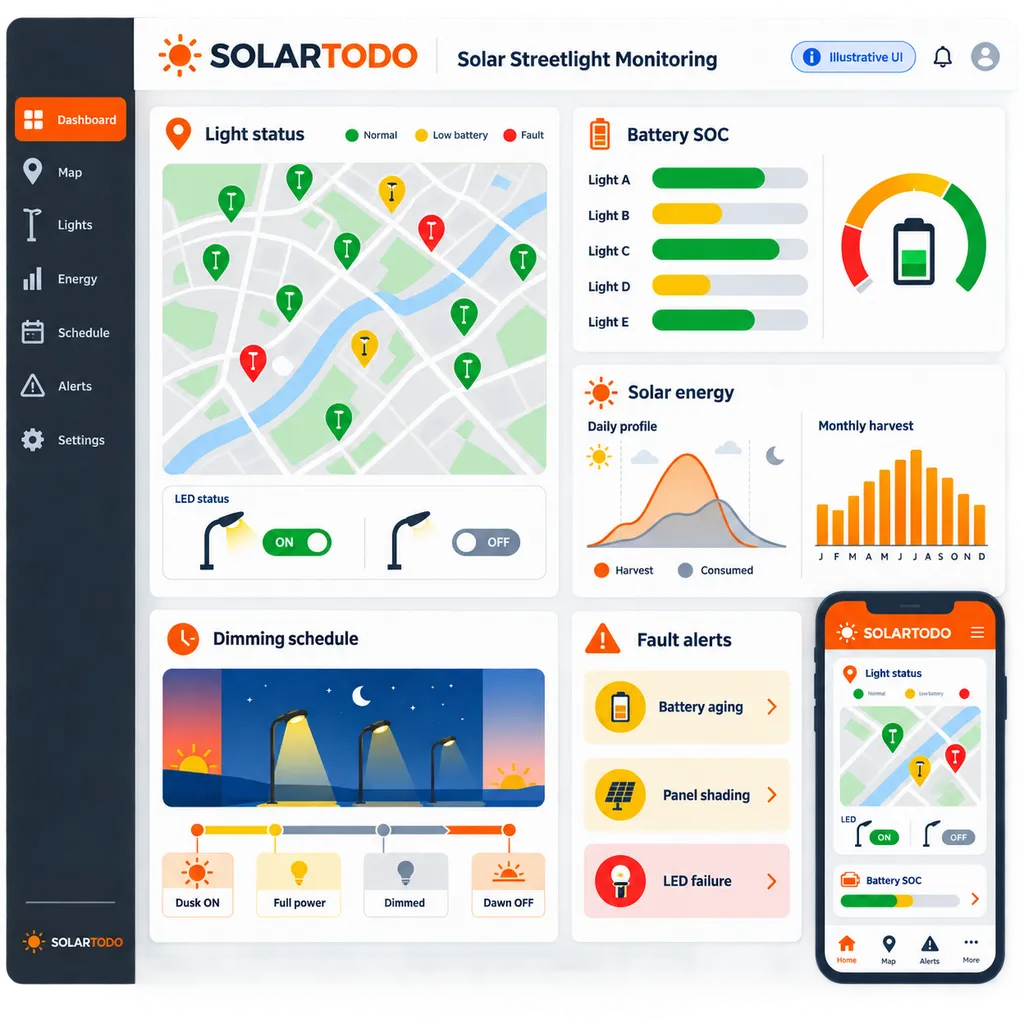 Solar streetlight cloud monitoring platform and outdoor installation view for remote status, fault alerts, and multi-site lighting management