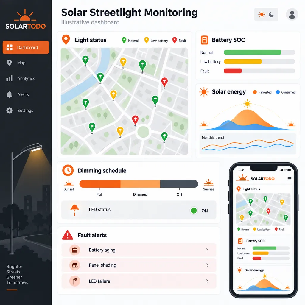 Cloud platform and installation view for solar streetlight monitoring, field commissioning, and smart lighting operations