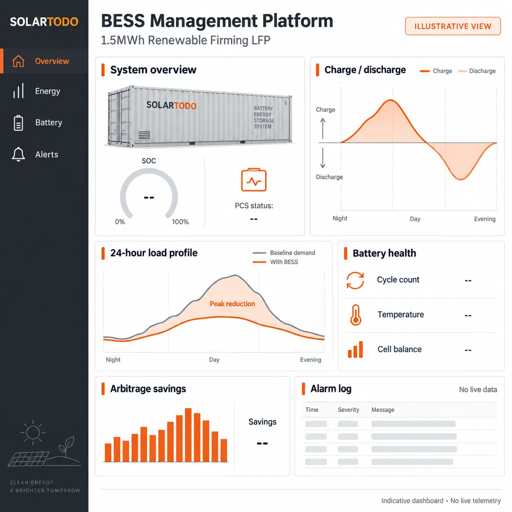 Cloud monitoring dashboard and field installation view for containerized LFP BESS