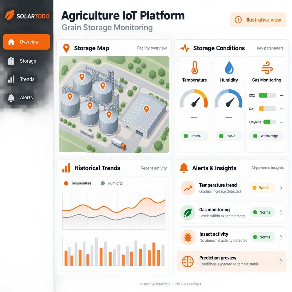 Cloud monitoring screen and installation workflow for SOLARTODO smart agriculture IoT grain storage system