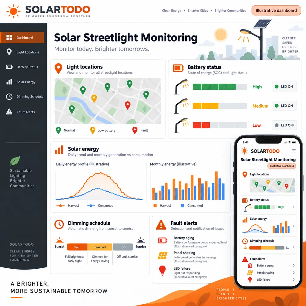 cloud monitoring dashboard and field installation view for split solar streetlight networks with 4G or LoRa remote control