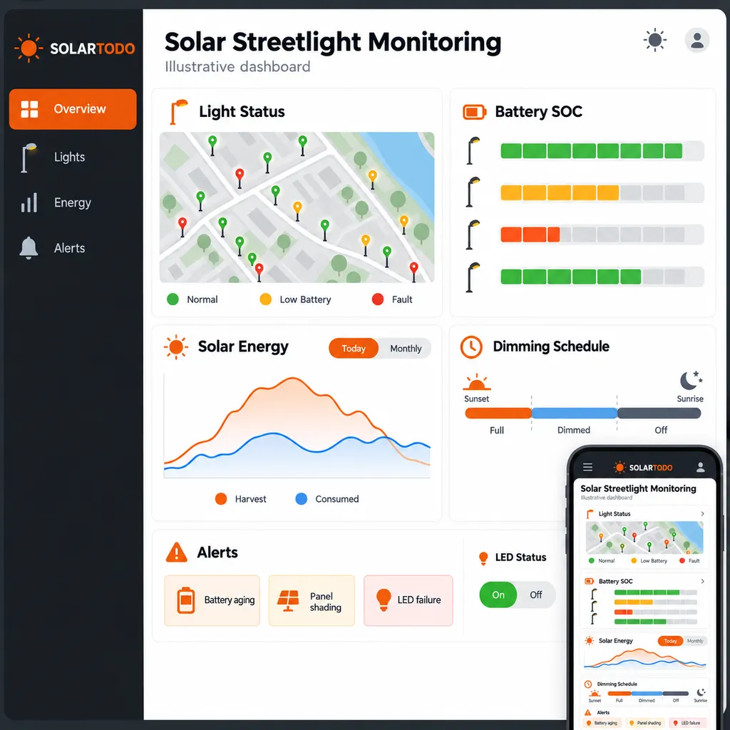 Solar streetlight cloud monitoring platform and installation workflow illustration